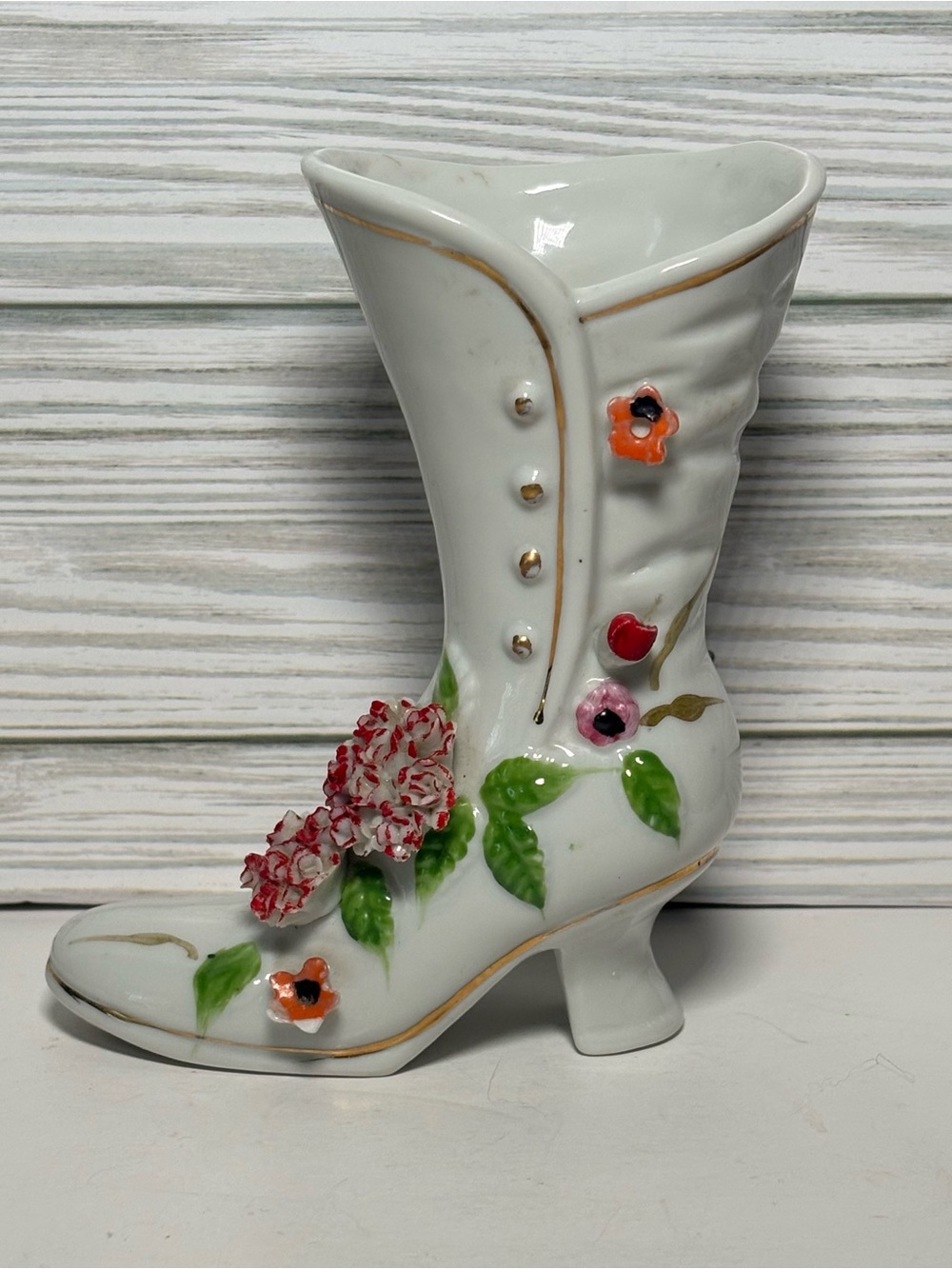 Vintage Royal Crown Porcelain Victorian Boot Bud Vase 3D Applied Floral Shoe
